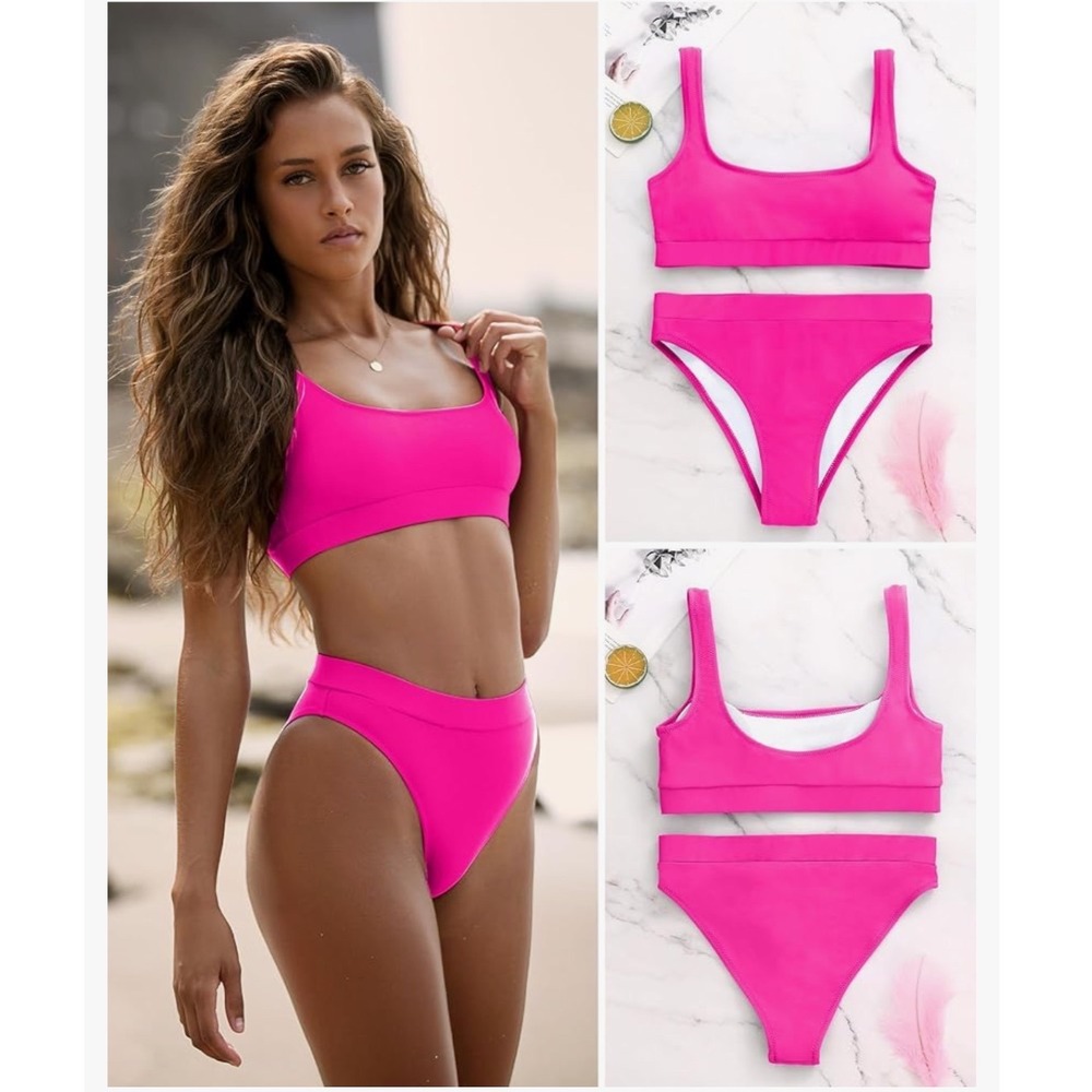 Hot‎ Pink High Waisted Bikini Swimsuit Square Neck Crop Top Thong Bottom Set S